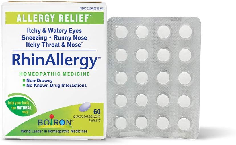 Boiron RhinAllergy는 Sneezing, Runny Nose 및 Itchy Eyes 또는 Throat의 알레르기 증상에서 완화를위한 정제 - 60 개