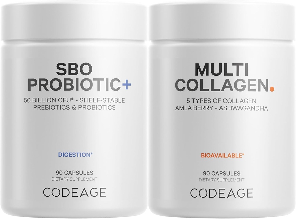 Codeage 다 교원질 단백질 캡슐 5 유형, Ashwagandha Withania Somnifera & 유기 Amla Berry + SBO Probiotic 혼합 50 억 CFU 번들, Lactobacillus Plantarum, Bacillus Subtilis, Non-GMO
