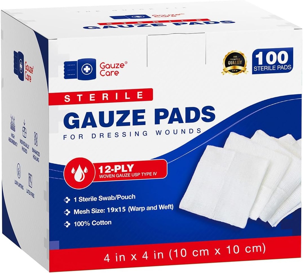 100pc 큰 메마른 거즈 패드 4x4 부상 부피에 대 한 메마른 - 12ply 짠 거즈 스폰지 4x4 메마른 - USP IV Breathable 메쉬 4x4 거즈 패드 강화 된 흡수에 대 한 메마른 - 응급 의료