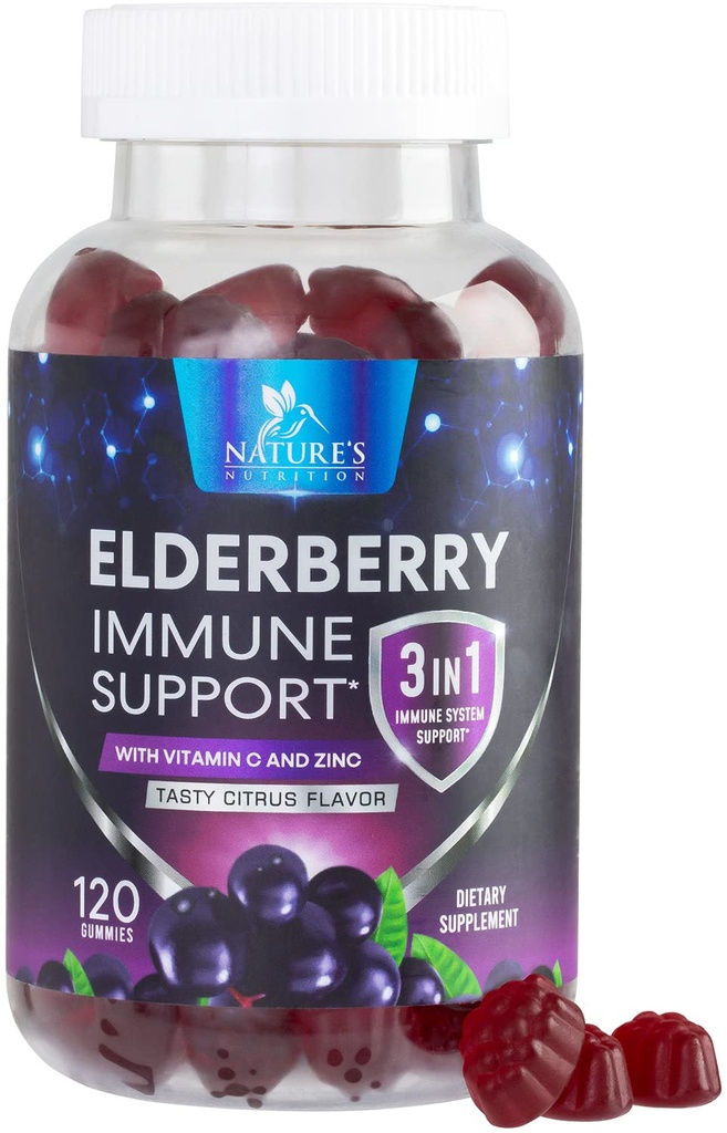 비타민 C, D3 및 아연을 가진 Elderberry Gummies - 아이 & 성인을 위한 Immune 지원 거미, 까만 Elderberry 추출물 거미 면역성 건강 지원 보충교재, 까만 Elder 베리 비타민 - 120 Gummies