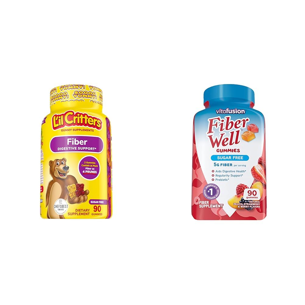 L'il Critters Fiber Daily Gummy Supplement for Kids, Digestive Support & Vitafusion Fiber Well Sugar Free Fiber Supplement, Peach, Strawberry 및 BlackBerry flavored Supplements, 90 카운트