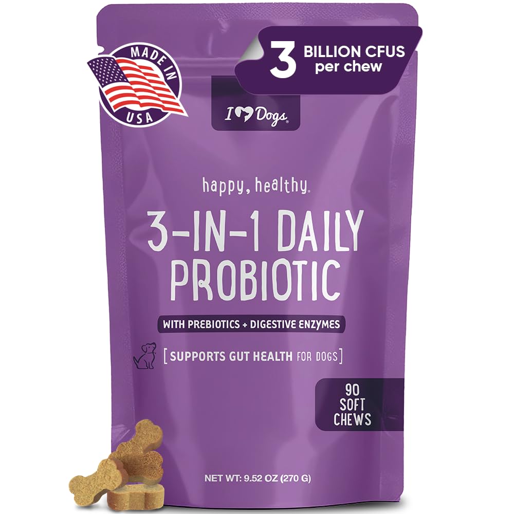 iHeartDogs 3-in-1 Probiotic for Dogs with pumpkin for improved Digestion & Gut Health - 개 프로바이오틱스 및 소화 효소, 90 카운트
