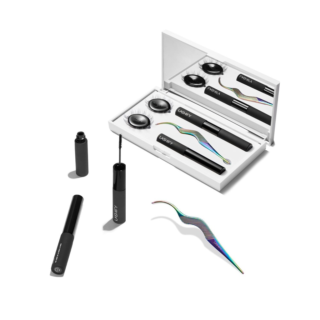 Lashify 제어 키트 - 완전한 DIY 눈 래쉬 스타터 세트 - Amplify Gossamer 블랙 10mm, 12mm, 화이트 여행 케이스, Petite Wand