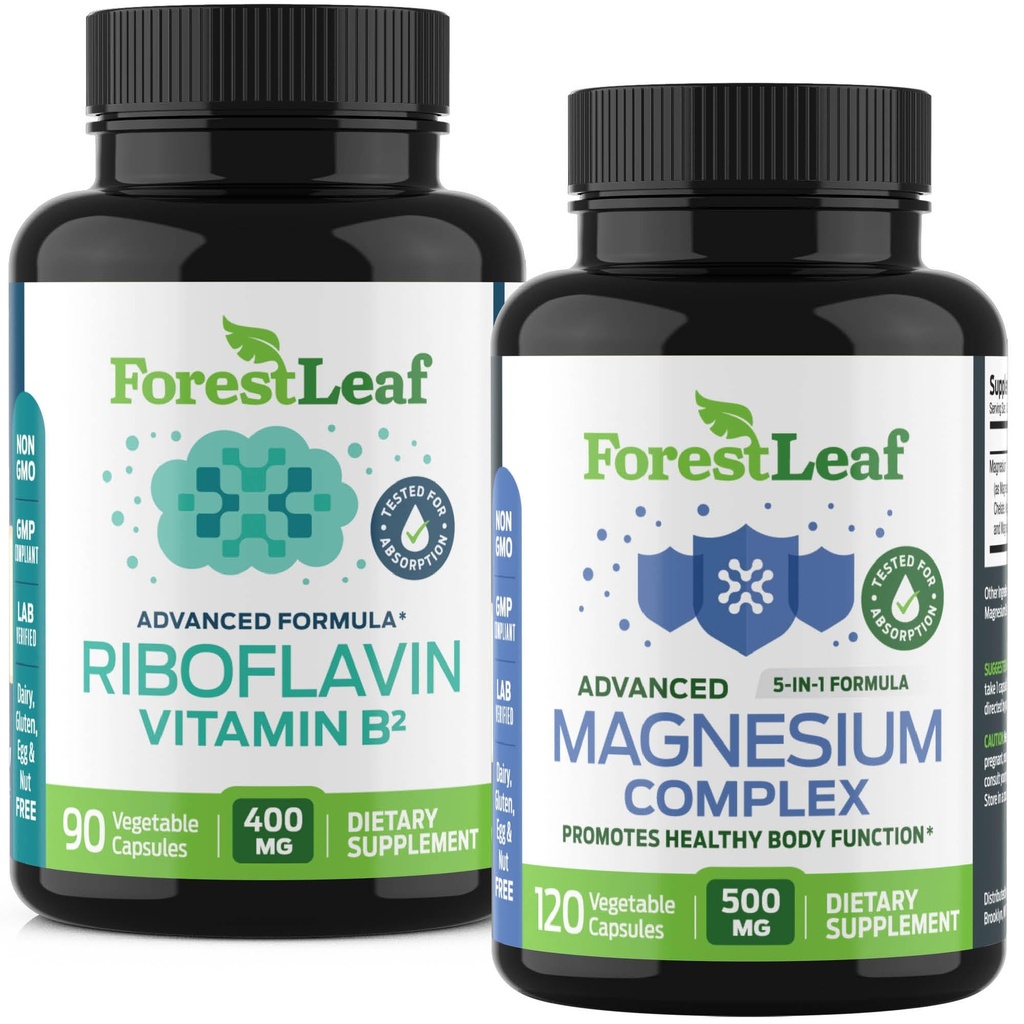 ForestLeaf Riboflavin & 마그네슘 편두통 보충교재 - 두통 기복을 위한 Riboflavin 400mg - 두통을 위한 B2 비타민 400mg를 가진 궁극적인 마그네슘 뭉치 Migraine 기복 캡슐