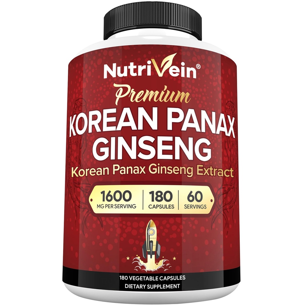 Nutrivein Korean Red Panax Ginseng 1600mg - 추가 강도 공식 - 180 캡슐 - 부스트 에너지, 정신 초점 & 면역 건강 자연적으로