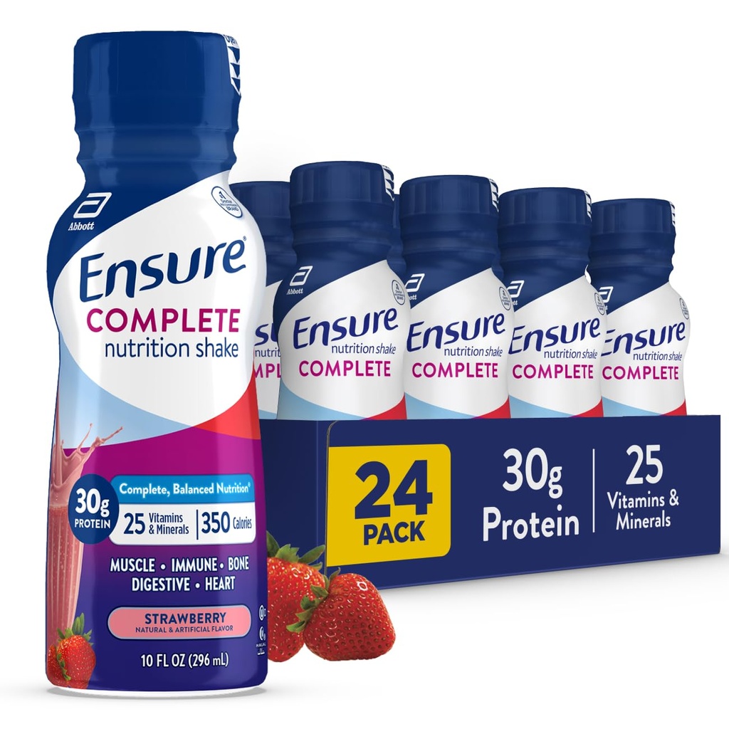 COMPLETE Strawberry Nutrition Shake, Complete, 균형 잡힌 식사 교체, 음료, 30g Protein, 25 Vitamins & Minerals, 10 fl oz - 24 Pack 준비