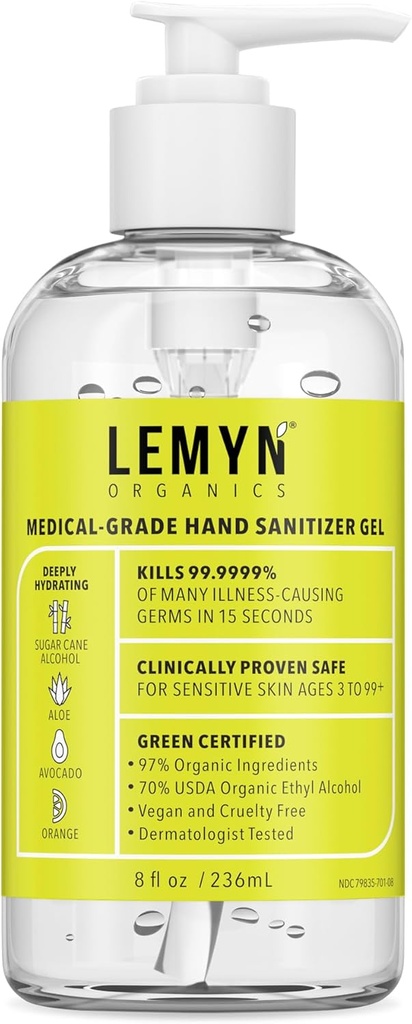 의료 등급 손 소독제 젤 – 97 % 유기 | 70 % USP Ethyl Alcohol | 모이스춰라이징 알로에 + 히알루론산 | 신선하게 미국에서 만든 | 8oz Bottle with Pump