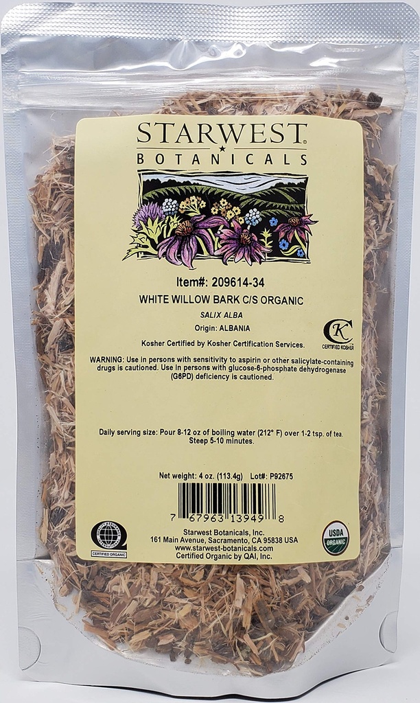 Starwest Botanicals 유기 백색 Willow Bark 커트 & Sifted, 4개 Ounces