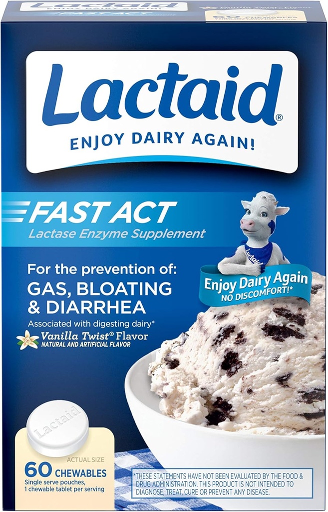 Lactaid 빠른 행위 Lactose Intolerance Chewables 와 Lactase 효소, 바닐라, 60 조사
