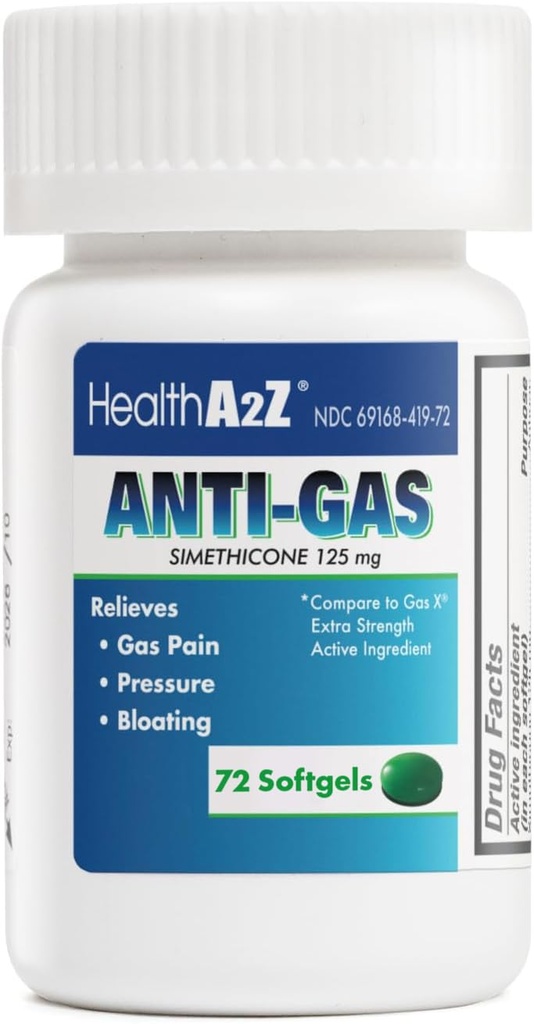 HealthA2Z® 가스 구호 Simethicone | 125mg | Stomach Discomfort and Gas에서 구호 | Anti Flatulence | 가스를 신속하고 구호(72개)
