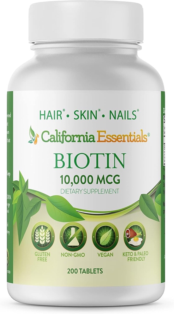 California Essentials Biotin 10000mcg | 비타민 B7는 건강한 피부, 모발 및 네일 성장 촉진 | 남성 및 여성을위한 높은 효능 식 보충교재 | 비 GMO, Vegan, 글루텐 & 낙농장 무료 (200 정제)