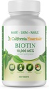 California Essentials Biotin 10000mcg | 비타민 B7는 건강한 피부, 모발 및 네일 성장 촉진 | 남성 및 여성을위한 높은 효능 식 보충교재 | 비 GMO, Vegan, 글루텐 & 낙농장 무료 (200 정제)