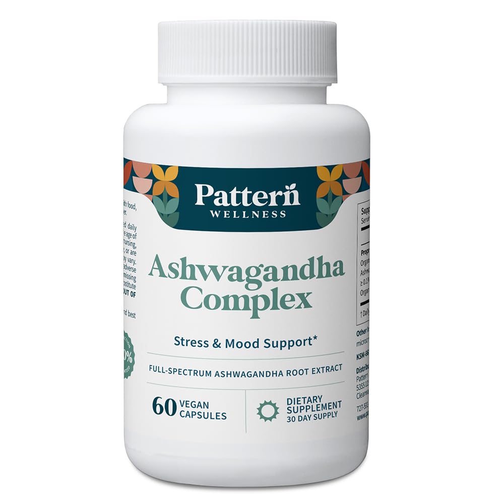 남성 & 여성을위한 패턴 웰 ashwagandha Complex - KSM-66 & 블랙 페퍼 추출물 - 전체 바디 & 하트 건강 - 스트레스 및 무드 지원 - 비 GMO - 60 Vegan 캡슐