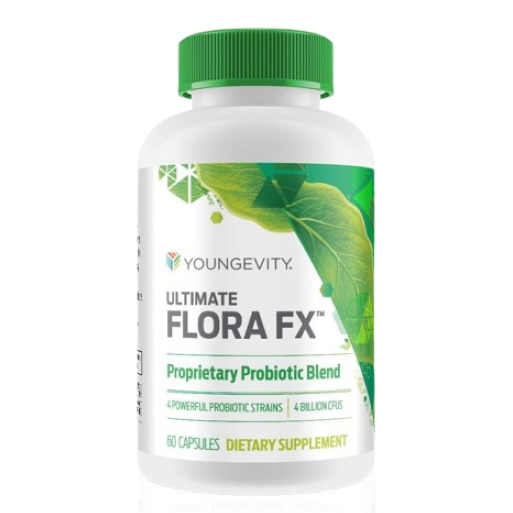 Youngevity Ultimate Flora FXTM – 프리바이오틱스 및 프로바이오틱스 보충 – 다이제스트 건강 및 구트 Microbiome 지원 – 4억 CFU – 글루코노 델타 락톤 – 60 채식 캡슐