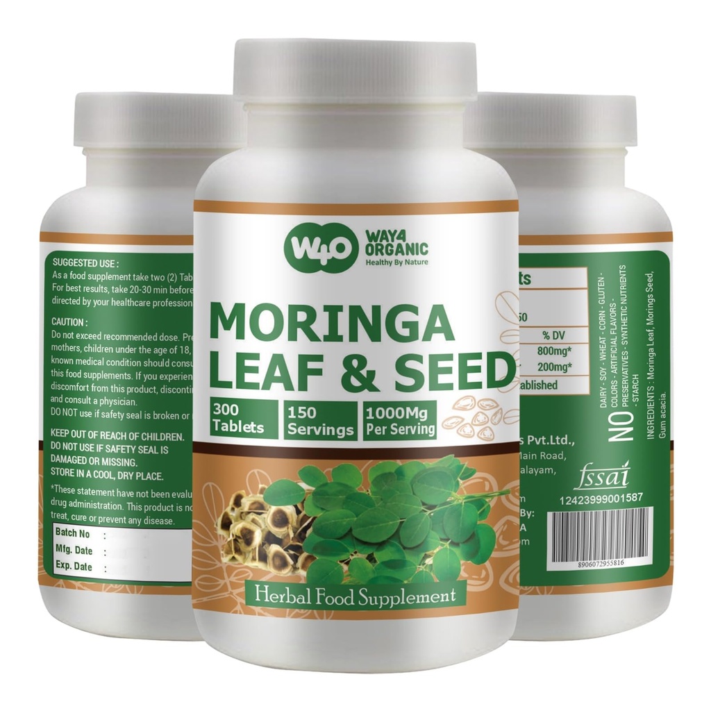 Moringa Oleifera 잎과 종자 분말 (80:20) 비율 300 알약 (태블릿), 150의 서빙, 1000 mg. Uncoated Malunggay 초본 보충교재, 화학 코팅 없음, 녹색 Superfood. 1의 팩