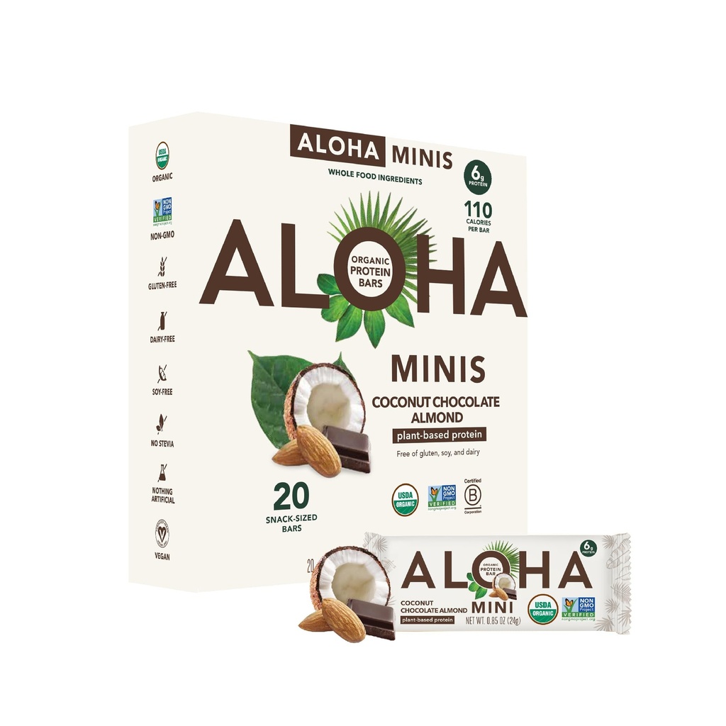 ALOHA 유기 플랜트 기반 단백질 바 MINIS |코콘트 초콜릿 알몬드 | 20 개, 24g 바 | Vegan, Low Sugar, Gluten Free, Paleo, Low Carb, Non-GMO, Stevia Free, Soy Free, No Sugar Alcohol