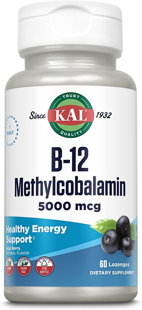 KAL 비타민 B-12 Methylcobalamin Lozenges 5000mcg의 건강한 에너지, 대사, Nerve & 빨간 혈액 세포 지원, * 최선 흡수, 자연적인 Acai 풍미, Vegan, 설탕 자유로운, 60의 서빙, 60 Lozenges
