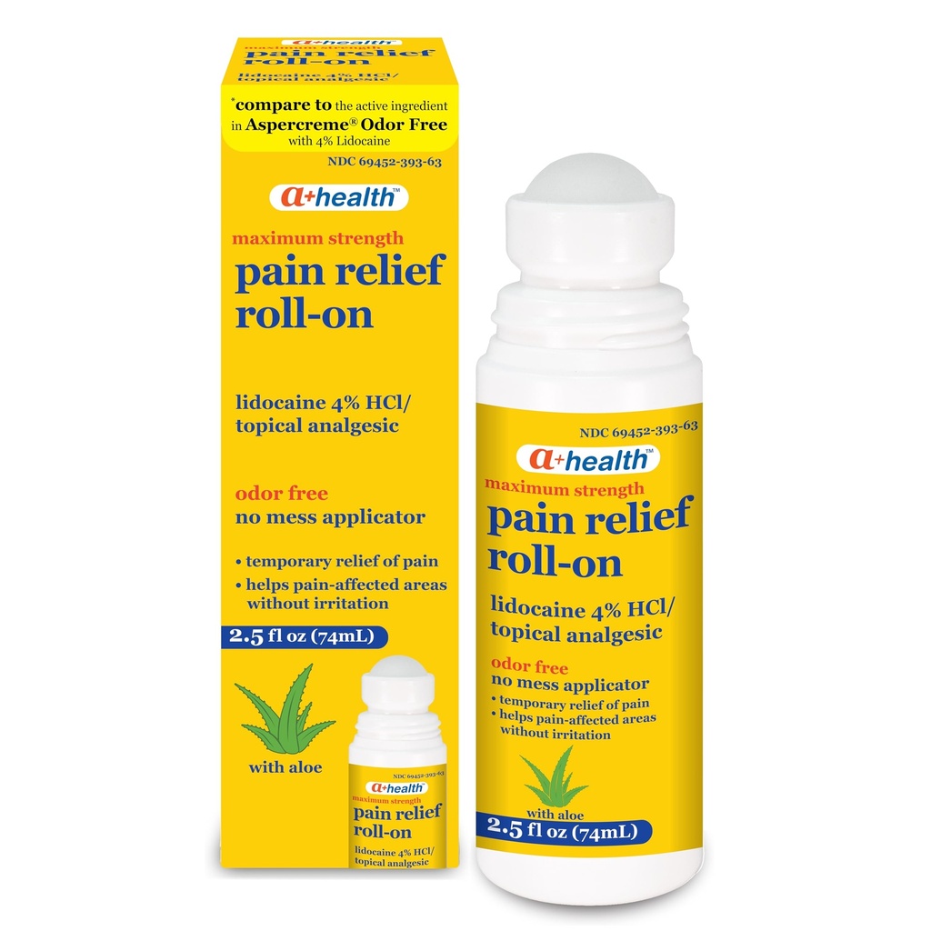A+Health 고통 구호 Roll-On 액체, 리도카인 4%의 무취 자유로운, 최대 힘 고통 + 알로에를 가진 이치 구호는, 미국, 2.5 fl 온스에서 만들었습니다
