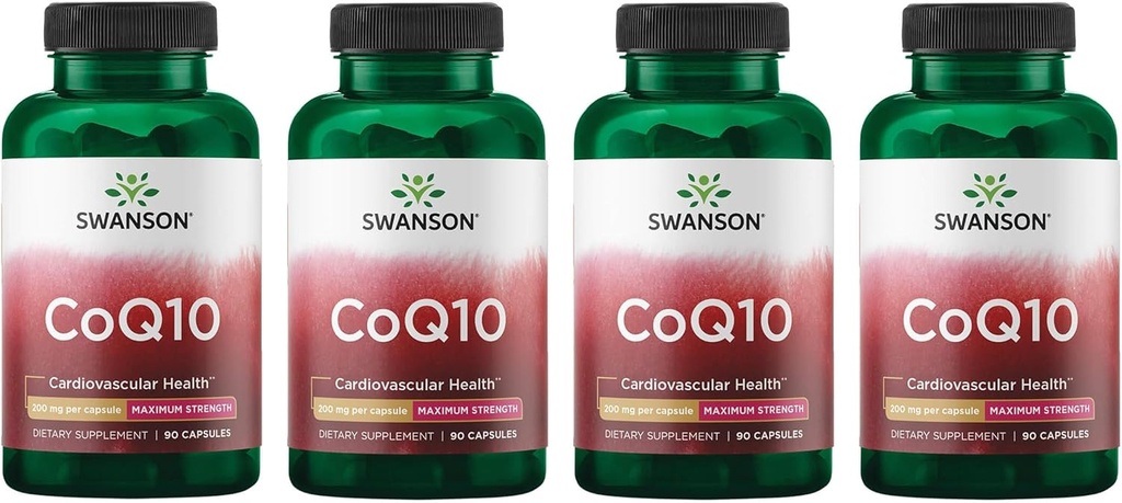 Swanson CoQ10 심혈관 뇌 에너지 및 심장 건강 산화 지원 보충교재 200 mg 90 캡슐 (4 팩)