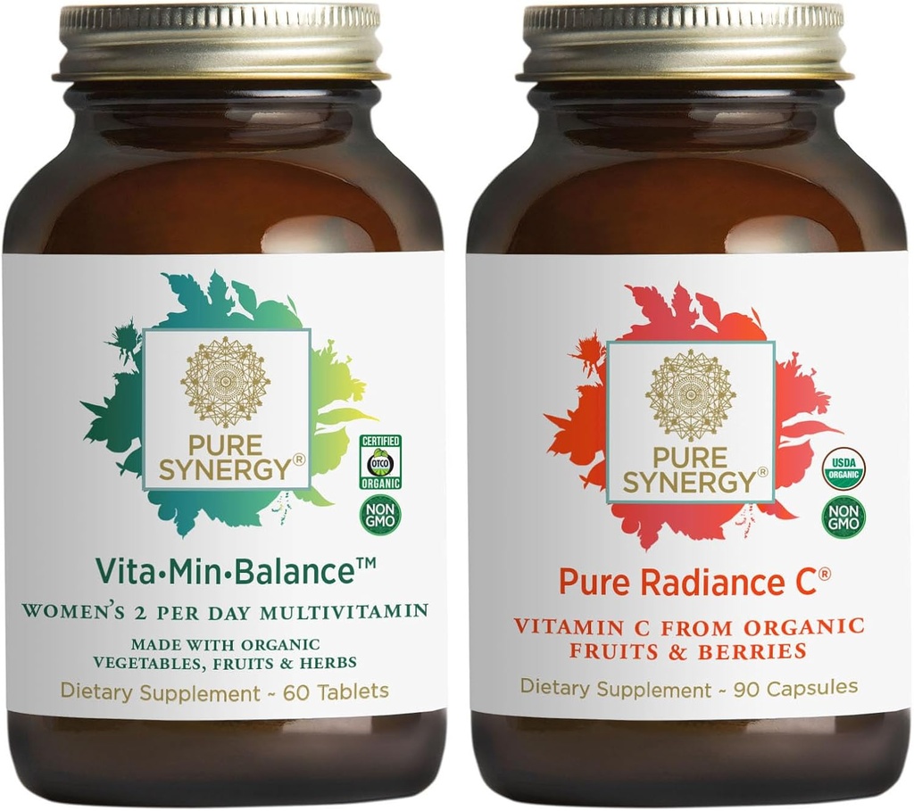 PURE SYNERGY Women’s Multivitamin, Stress, Energy Essentials Bundle | Adaptogens를 이용한 전체 식품 멀티 | 천연 비타민 C 면역 및 피부 보충 | Vegan, Non-GMO, 유기 성분