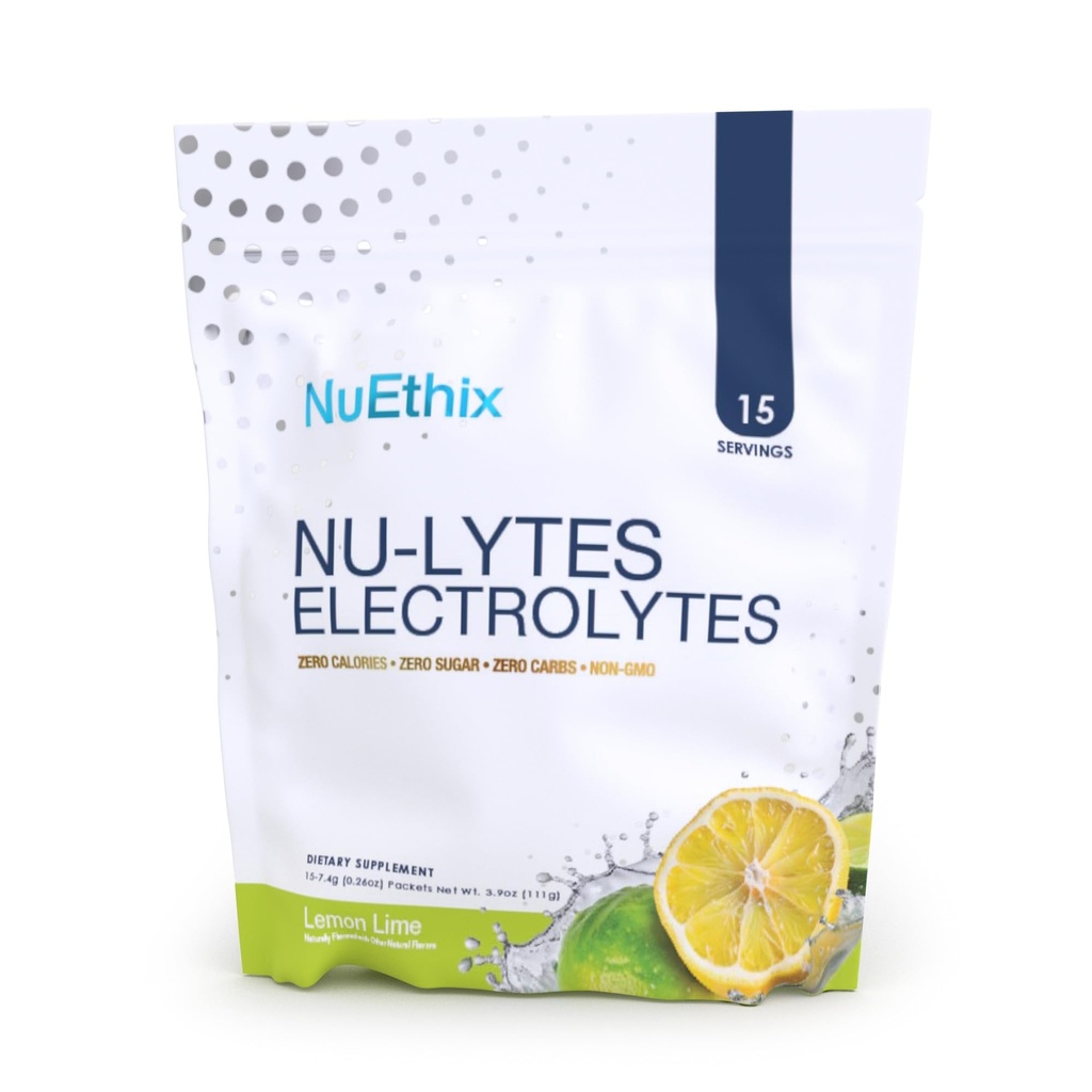 NuEthix Formulations NU-LYTES Electrolytes Hydration Packets, Zero Calories, Zero Sugar, Zero Carbs, Non-GMO, Electrolytes Powder Packets, Glycogen Replenishment, 15 서빙 (Lemon Lime)