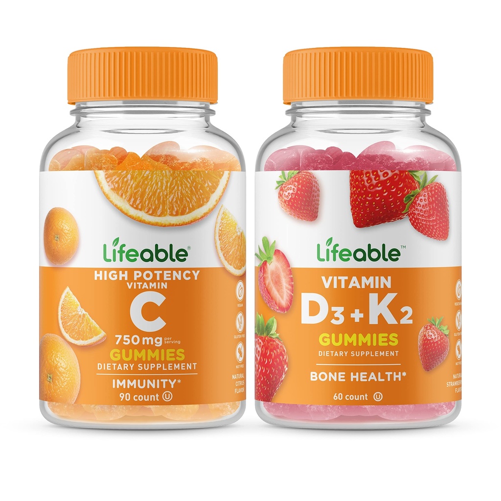Lifeable 비타민 C 750mg + 비타민 D3 + 비타민 K2, Gummies 번들 - 훌륭한 타스팅, 비타민 보충, 글루텐 무료, GMO 무료, Chewable Gummy