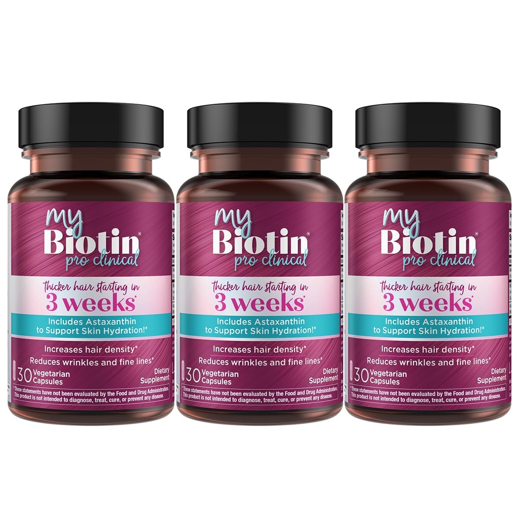 순수성 제품 MyBiotin ProClinical – 3 Weeks & Fights Wrinkles에서 시작하는 더 두꺼운 머리 - MB40X에 의하여 특허가 주어진 Biotin 비타민 B7 모체 w/Astaxanthin - 40X 더 가용 대 Ordinary Biotin, 90 Veg 캡슐