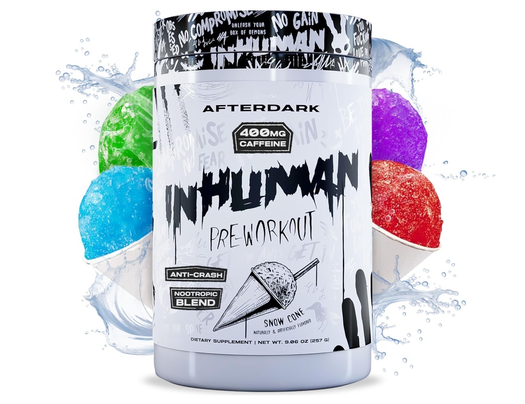 AFTERDARK INHUMAN Pre-Workout 파우더, 향상된 마인-Muscle 연결, 지속 에너지, 포텐트 Nootropic 혼합, Vegan, 글루텐 무료, Soy-Free, 400mg 카페인, 충돌 없음, SnowCone