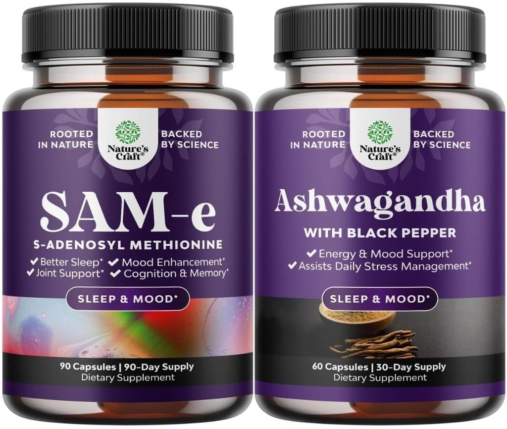 Pure SAM-E Nootropic Brain Supplement 및 Mood Enhancer Organic Ashwagandha Capsules - Brain Support Supplement - Thyroid Energy Focus 및 Adrenal Support의 번들