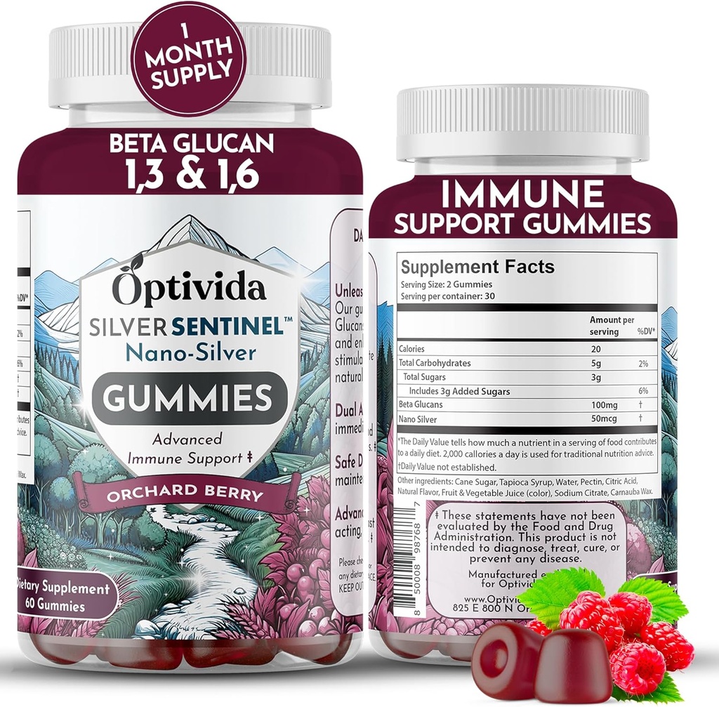 Optivida Nano Silver Immune Support Gummies (60 카운트) - Beta Glucan 보조 식품, Immune Health 용 Orchard Berry 풍미, Beta Glucan 100과 콜로이드 실버 보충