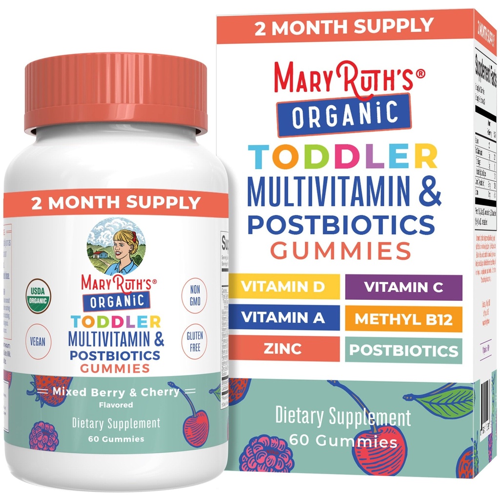 MaryRuth Organics Toddler Multivitamin Gummies + Postbiotics | USDA Organic | 아이의 나이에 대한 비타민 2+ | 면역 지원 | 비타민 C | 비타민 D3 | 비타민 A | 아연 | 비건 | 60 인분