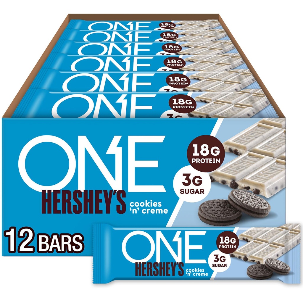 원 Protein Bars, Hershey의 쿠키 'n' Creme, 18g Protein 및 3g Sugar, Pantry Staples, 2.12 oz (12 개)로 글루텐 무료