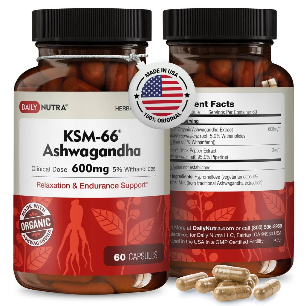 DailyNutra KSM-66 Ashwagandha 600mg 유기 뿌리 추출물 - 5% Withanolides를 가진 높은 힘 보충교재 | Relieves Tiredness, 지원 Relaxation, 초점, 에너지, & 근육 성장 (60의 캡슐)