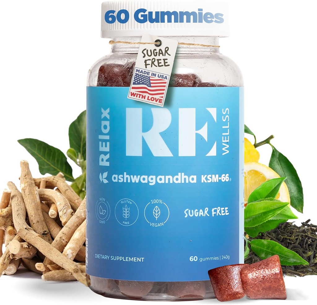 Ashwagandha & Vitamin D Gummies | 다이어트 보조제 | 칼로리 지원을위한 KSM 66 Ashwagandha | L-Theanine Lemon Balm | 천연 허브 비 GMO 설탕 무료 글루텐 젤라틴 무료 | 1 팩