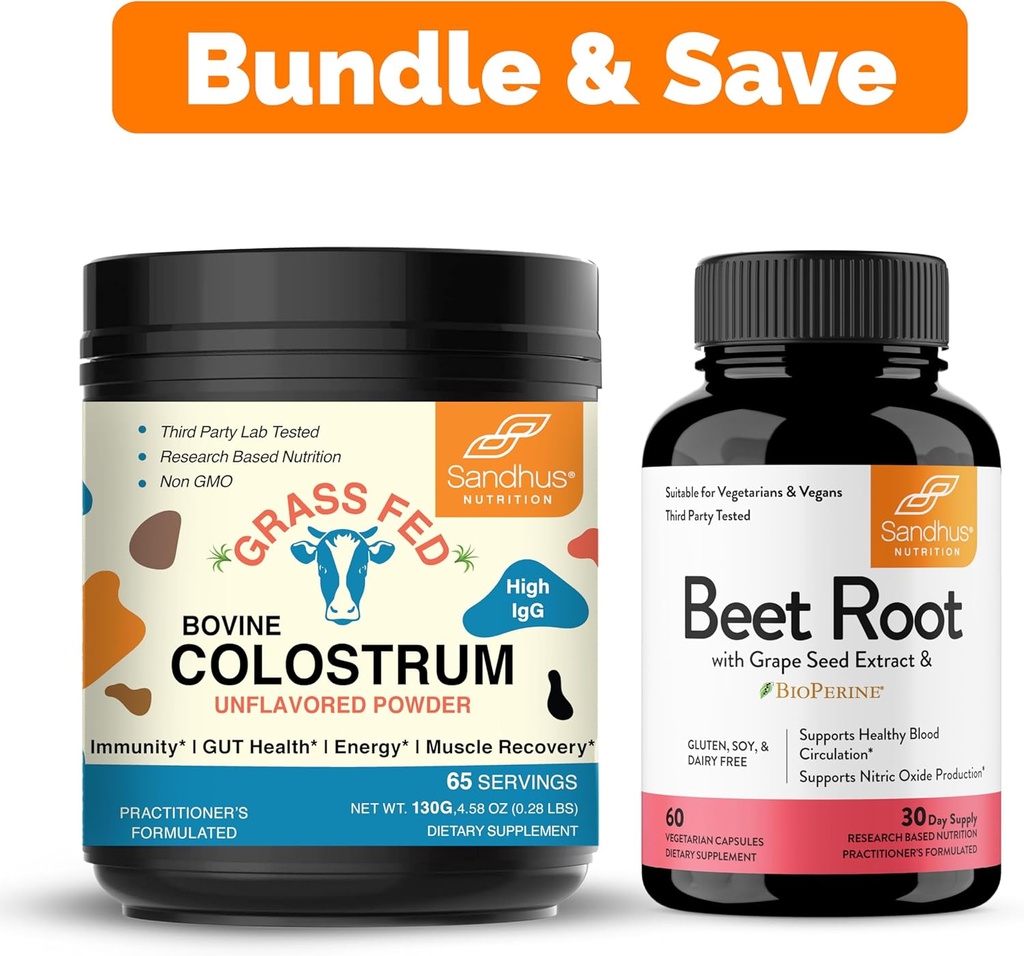 Sandhu의 순수한 Bovine Colostrum 분말은 인간을 위한 보충교재 & Bioperine 캡슐을 가진 Beet 뿌리 분말을 보충합니다| Immune, Gut, 근육 & 건강한 에너지 수준을 지원합니다