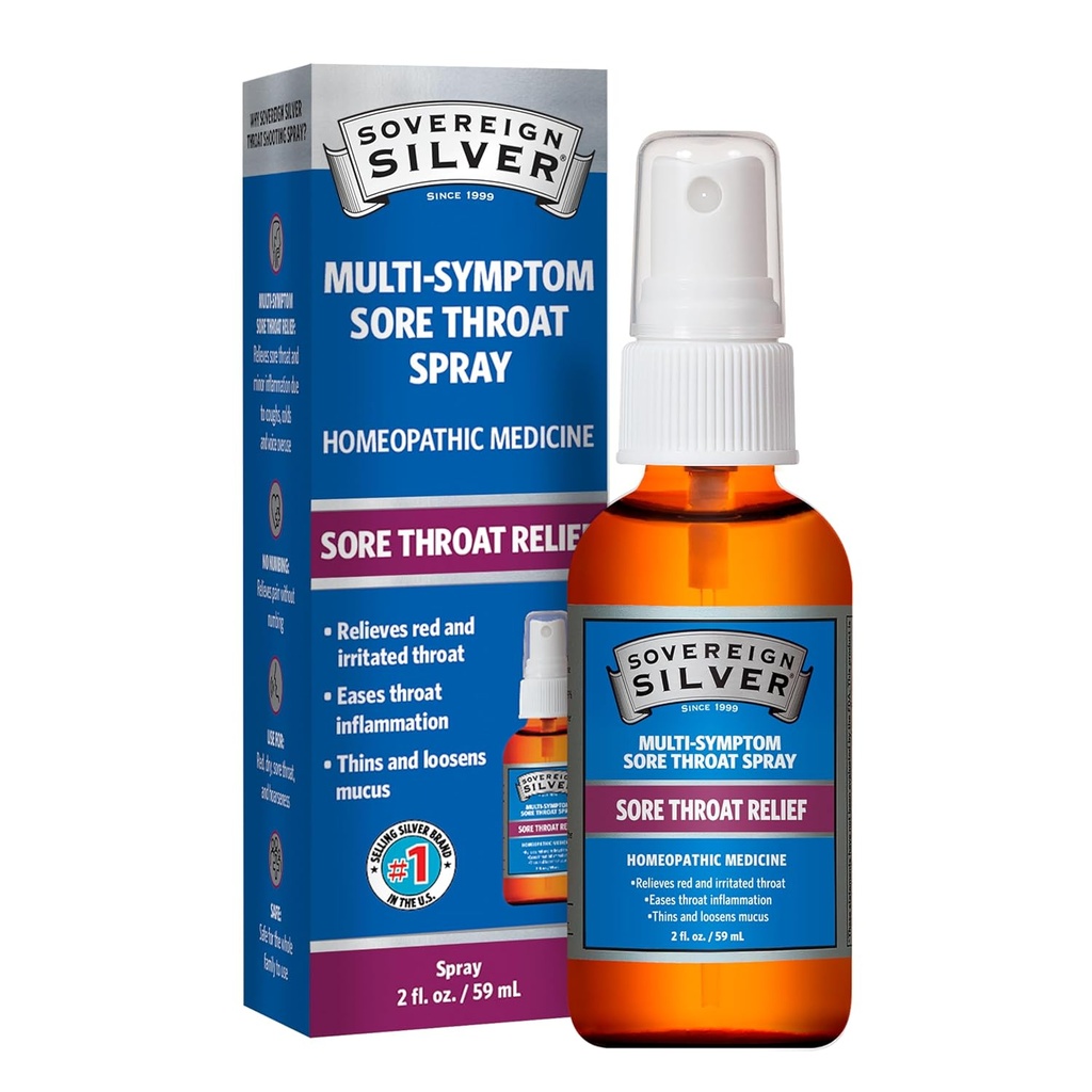 Sovereign Silver Sore Throat Spray - Colloidal Silver Throat Spray, Immune Support Supplement for Adults and Kids, Daily Use Liquid Argentum Nitricum 솔루션 - 2 fl oz (59mL)
