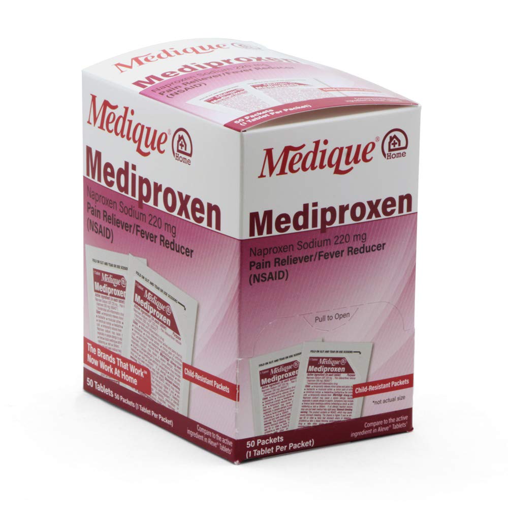 Medique @ Home Mediproxen은 Aleve 50 x 1 (Child resistant Packaging), White (73750)에 활성 성분을 비교합니다.