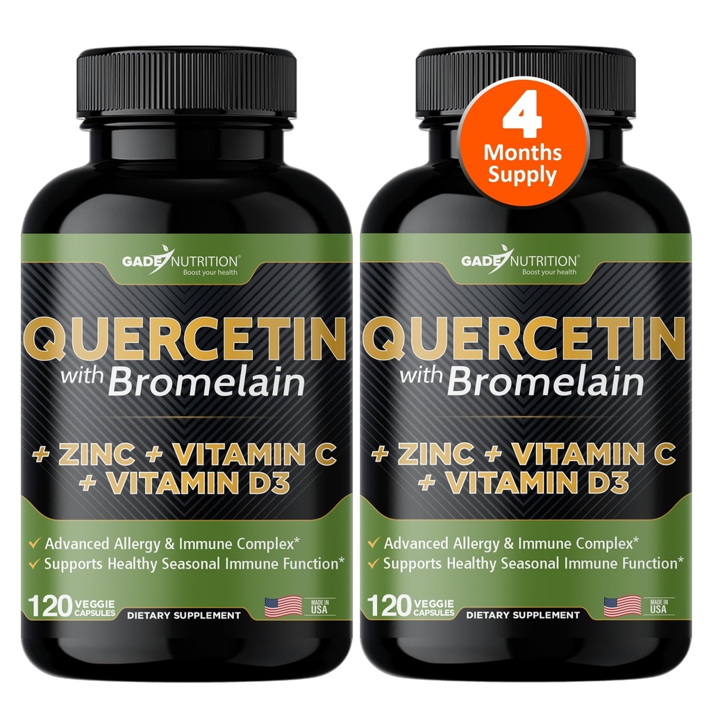 비타민 C와 아연을 가진 Gade 영양 Quercetin - Quercetin 500mg - Bromelain를 가진 Quercetin - 아연 Quercetin - Quercetin 보충교재 + 비타민 D3 (비 GMO, 글루텐 자유로운, Vegan) - 4 달 공급