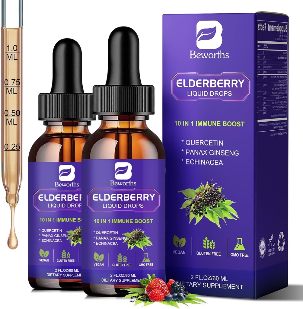 2 팩 Elderberry Syrup, Quercetin, Panax Ginseng, 비타민 C 및 아연, Sambucus Elderberry Syrup 액체 Immune 지원, Vegan, Non-GMO 및 Gluten 무료