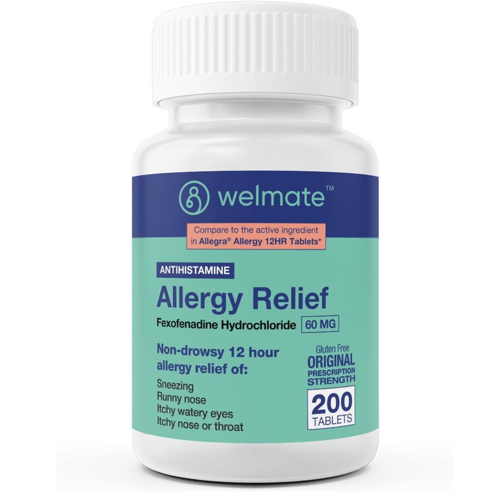 WELMATE - 알레르기 구호 - Fexofenadine HCl 60 mg - 12 시간 비 Drowsy Antihistamine - Sneezing - Runny Nose - Itchy Eyes, Nose & Throat - 알레르기 항체 정제 - 200 조사