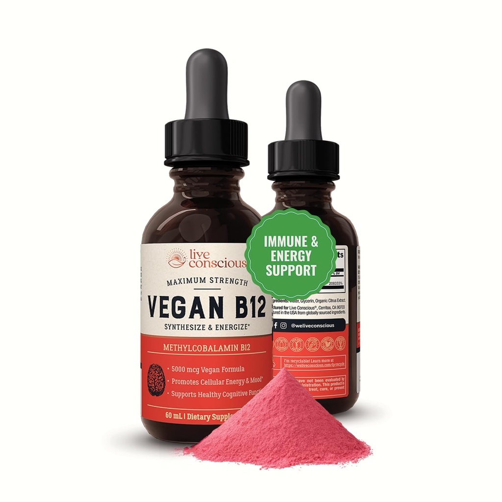라이브 의식 비타민 B12 하위 언어 액체 드롭 | Methylcobalamin Max Strength B12 5000mcg 공식 | Vegan B 12 비타민 지원 에너지 | 증진 메모리 및 보조 면역 체계 | 60 서빙