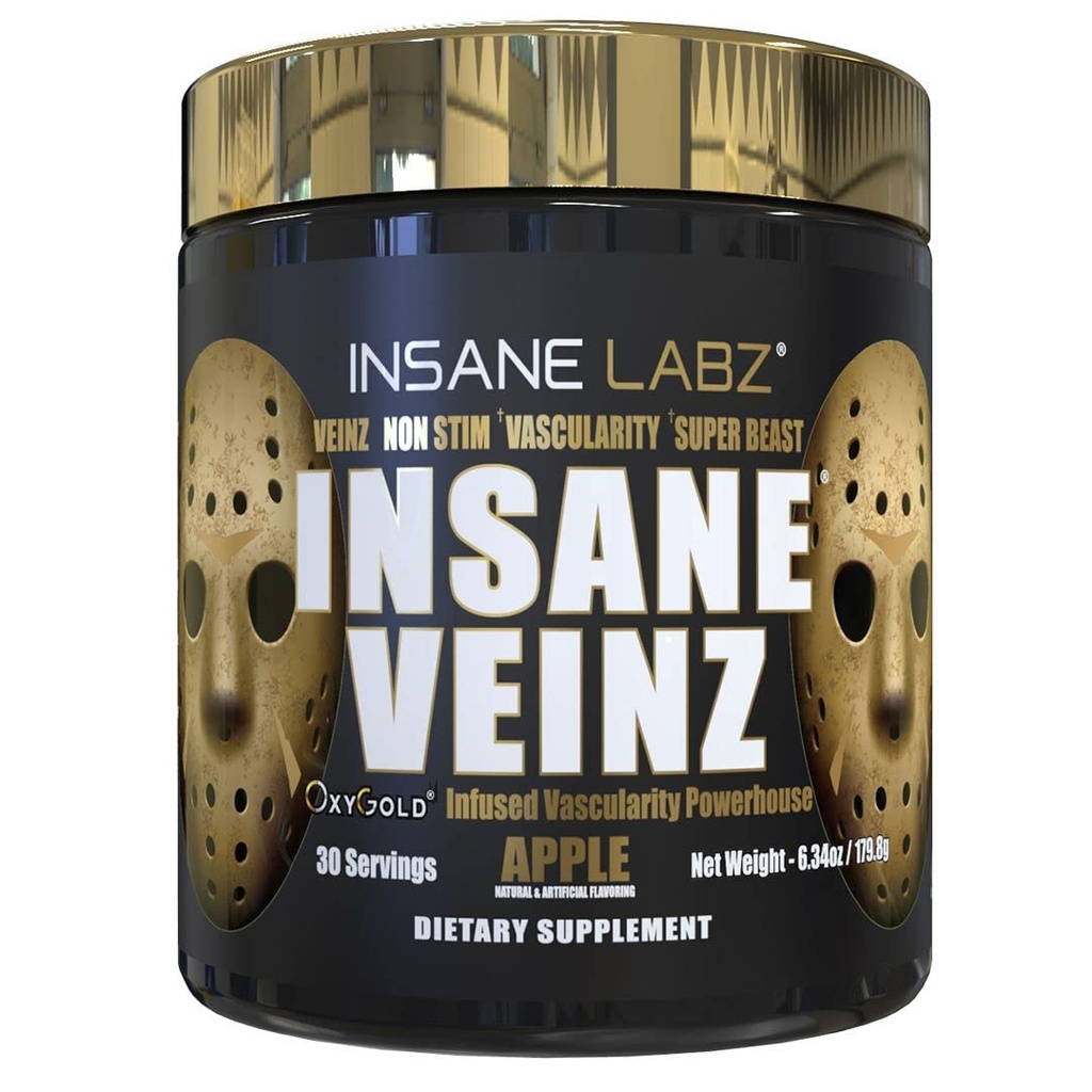 Insane Labz Insane Veinz Gold, Nitric Oxide Non Stimulant pre Workout Powder, Hydromax, Nitrosigine으로로드 된 Vascularity 및 Blood Flow, 30 Srvgs, Apple