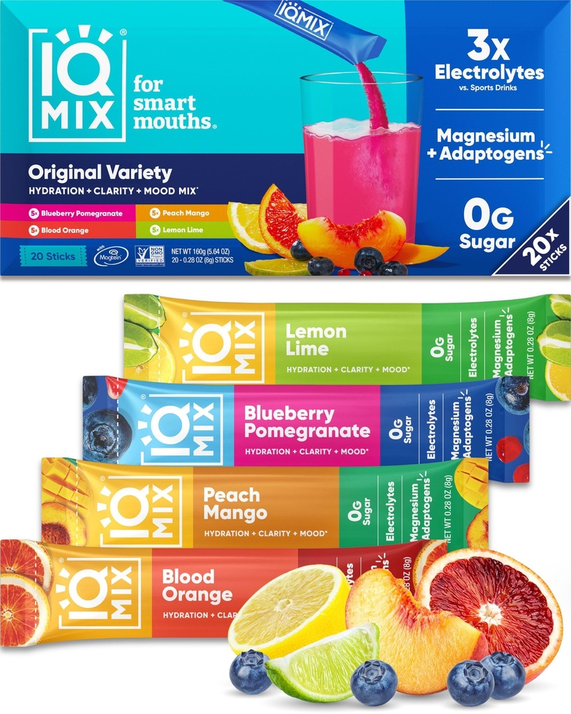IQMIX Hydration Electrolyte Powder – 4in-1 Formula for Hydration, Mental Clarity, Mood 및 Recovery – Sugar-Free 음료 혼합, Keto, Magnesium L-Threonate, Lion’s Mane – 20 카운트 다양성 팩