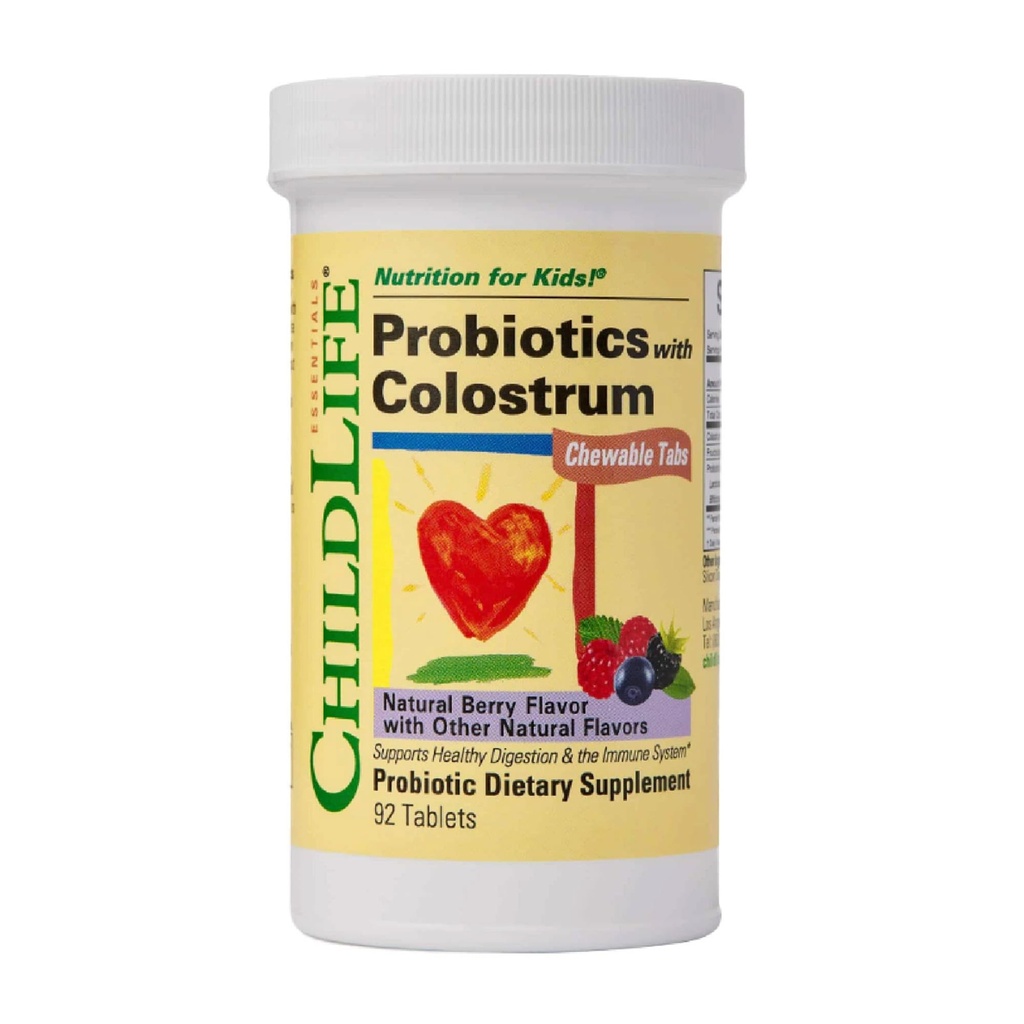 CHILDLIFE ESSENTIALS ChildBiotics with Colostrum- Probiotics for Kids, Digestive Health, Chewables, Children's Probiotics, Colostrum for Kids, Gluten Free - 자연 베리, 92 정제
