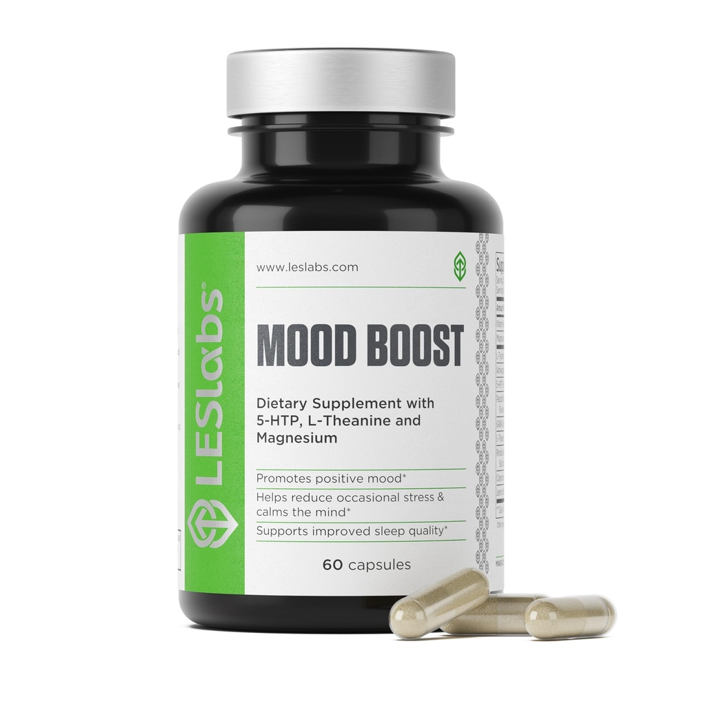 LES Labs Mood Boost - 스트레스 완화, 무드 지원, 딥 릴 & 더 나은 수면 - 5-HTP, Ashwagandha, Rhodiola Rosea, 마그네슘, L-Theanine & GABA - 비 GMO 보충 - 60 캡슐