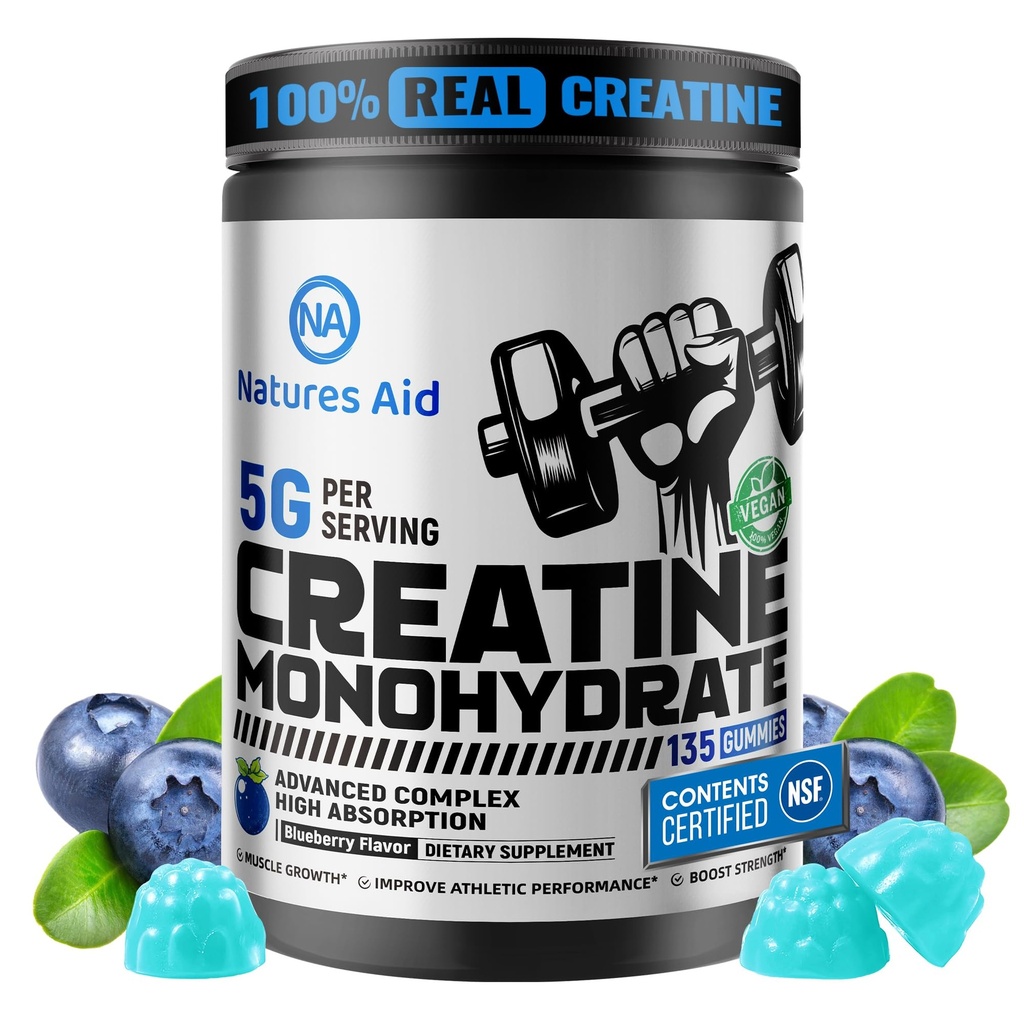 Nature Aid NSF Certified Creatine Gummy 5g - Creatine Monohydrate Gummies - 남성 및 여성을위한 사전 운동 에너지 및 근육 성장 지원 | Blueberry Electrolyte Gummies (135 개)
