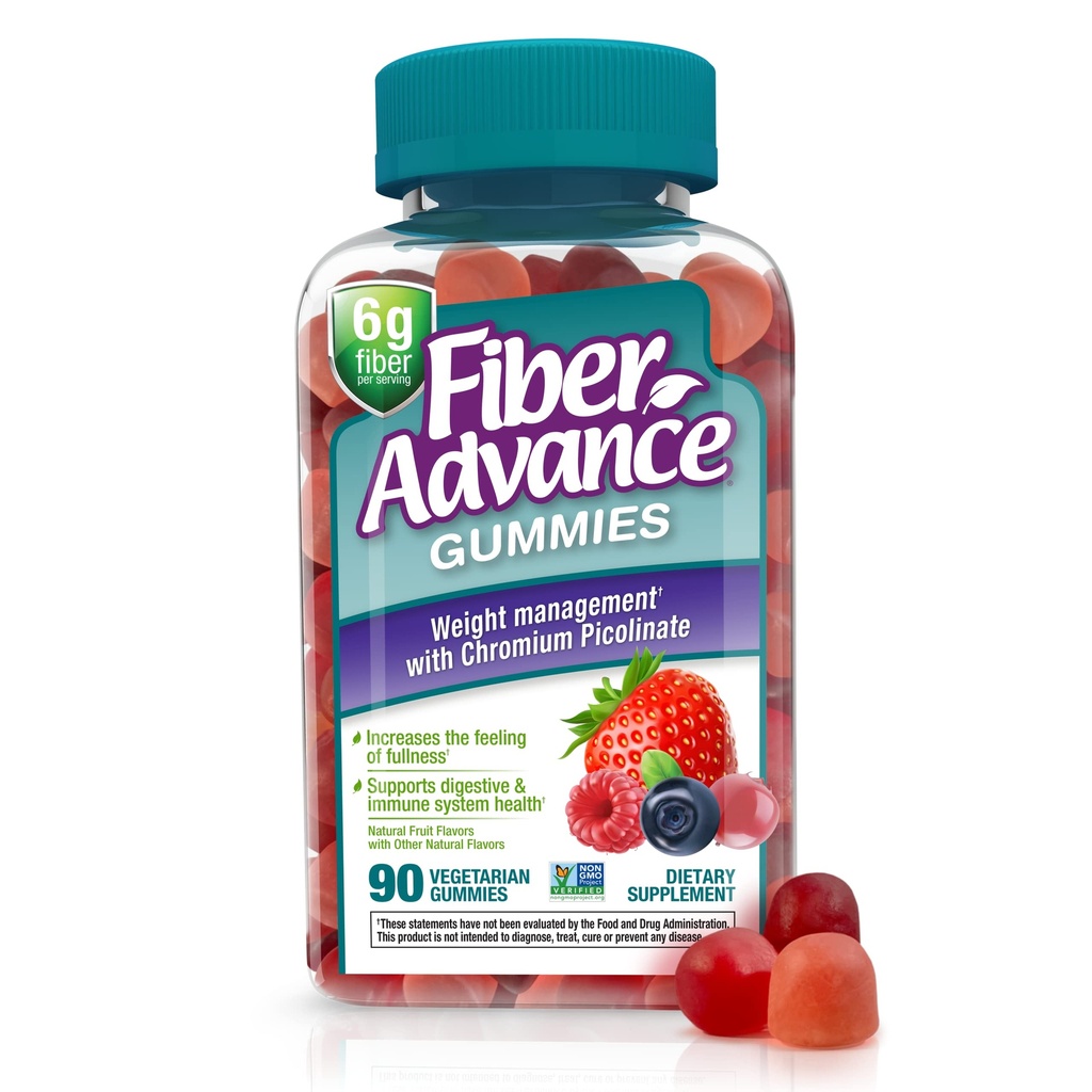 Fiber Advance Weight Management Gummies | 100 % 플랜트 다이제스트 웰니스 및 과트 건강용 섬유 | 중량 관리 지원용 Chromium Picolinate, 90 카운트