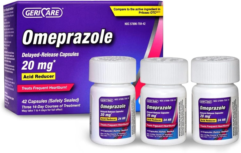 GeriCare Omeprazole 지연 방출 캡슐 20.6mg - 24 시간 Heartburn 구호를 위한 산성 흡진기 알약 - Frequent Heartburn (42 조사)를 대우하는 산성 Reflux 약