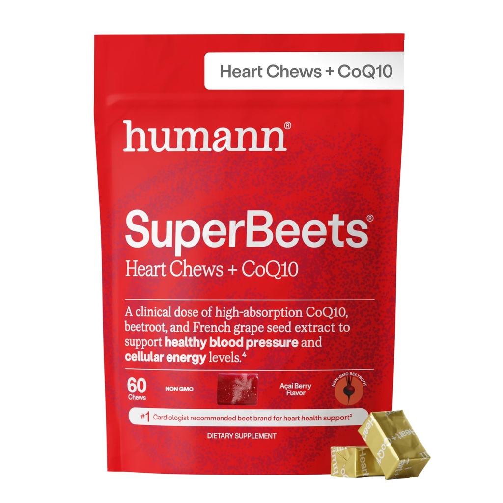 HumanN SuperBeets Heart Chews Advanced - CoQ10 Plus Beetroot & Grape Seed Extract, 60 카운트의 100mg
