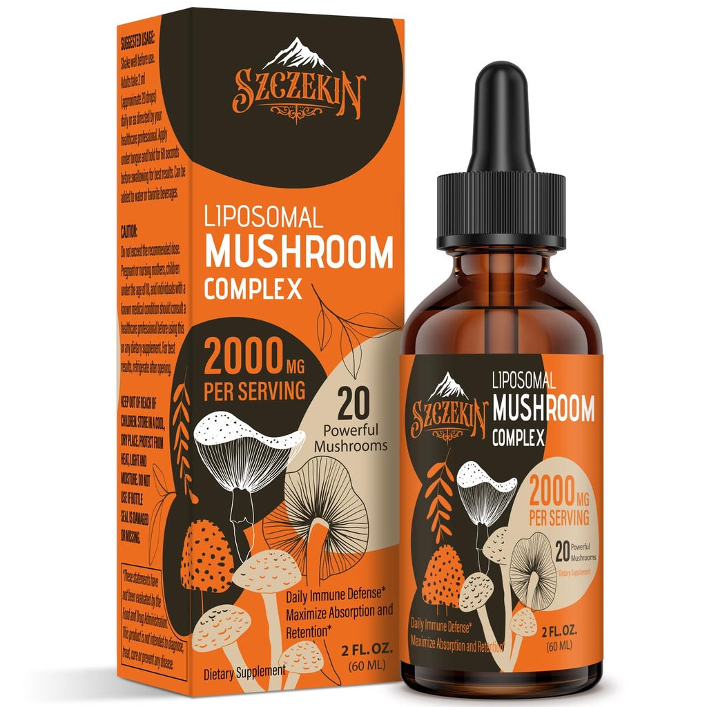 Liposomal 버섯 복잡한 하락 2000 MG - 20 유기 버섯 추출물 - Immunity, Cognitive 및 기억을 위한 진보된 액체 공식 - 사자 Mane 보충교재, Reishi, Cordyceps, Chaga, 30의 서빙